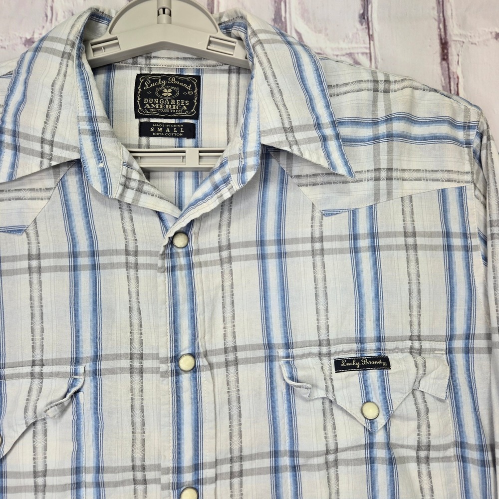 VTG Lucky Brand Dungarees America Plaid Western Pearl Snap Button Shirt Men‎ Sm